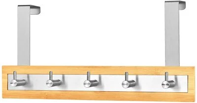 Over The Door Bamboo Wooden Hanger 5 Stainless Steel Hooks Bathroom Clothes Rack - Image 1 of 4