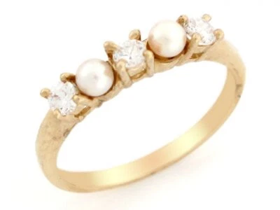 Anillo banda de cinco piedras de oro amarillo macizo de 10k o 14k circonita cúbica y perlas cultivadas de agua dulce Foto 1 de 4