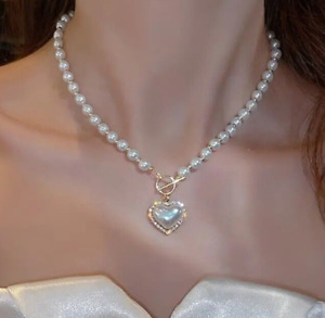 Divine Womens Faux Pearls Beads Necklace Heart Shape Pendant Lovely Neck Jewelry