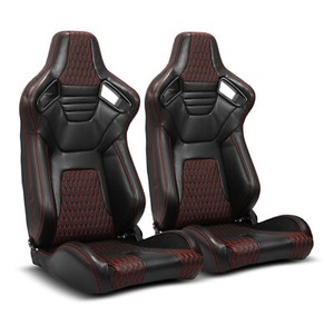 2 x Black+Red Stitching PVC leather L/R Racing Bucket Seat+Slider