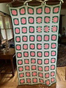 Handmade Green White Pink Crocheted Flowers Afghan Blanket 41”X75” - Picture 1 of 10