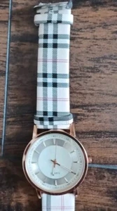 WOMEN'S WATCH ROSE GOLD BEZEL W/CHECK LEATHER STRAP LARGE FACE 2"DIAMETER - Picture 1 of 4