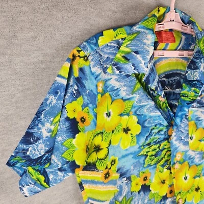 Camisa Sears Vintage King Roads M Azul Amarillo Floral Hawaiana Años 70 BOTÓN FALTANTE Foto 1 de 4
