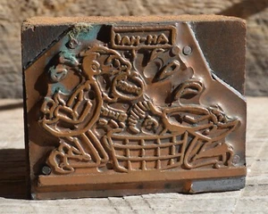 VTG Printer's Copper & Wood Letterpress Printing Block AH HA 2 Men Head Bucket - Picture 1 of 10