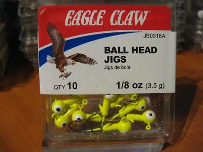 10 Eagle Claw Ballhead Fishing Jigs 1/8 oz Chartreuse Ball Heads & Hooks - Image 1 of 2