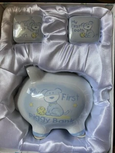 NIB Blue Dog Baby’s First Piggy Bank Tooth Curl Hair Photo Box Keepsake Set - Picture 1 of 3