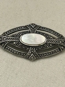 Vintage Brosche - Art Deco Jugendstil MOP Faux Markasiten Stab silberfarben Metall - Bild 1 von 3