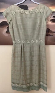 VTG 60s Sea Foam Green Bridesmaid Cap Sleeve Crochet Flower Dress Large - Picture 1 of 6