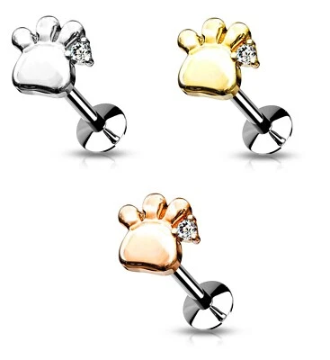 CZ Paw Threadless Push Top Aço Labret Parafusos Traseiros Planos para Nariz de Cartilagem de Orelha  - Imagem 1 de 4
