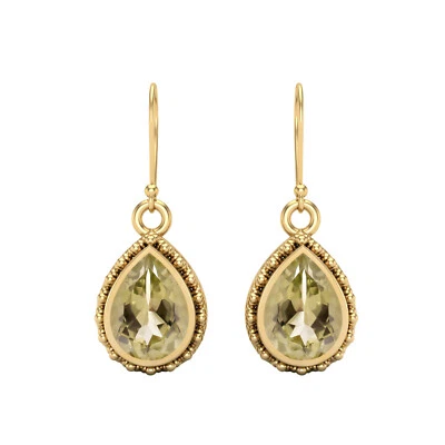 Pendientes de lágrima de gancho de alambre de oro amarillo de 14 k de cuarzo limón con forma de pera de 7x5 mm para mujer Foto 1 de 4