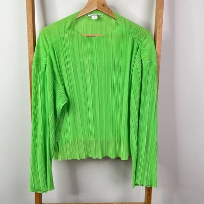 Monki Top Womens Medium Green Long Flared Sleeve Pleated Textured — 第 1/4 张图片