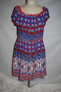 Jr Womens BLUE RED WHITE OFF SHOULDER DRESS w/ BELT Retro Flower Paisley XXL 19 - Picture 1 of 1