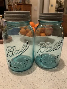 Two Vintage Quart Ball Perfect Mason Jars With Zinc Lids #2 and #4 - Picture 1 of 9