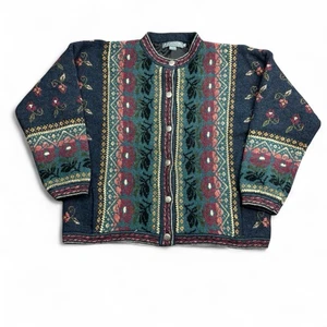 Icelandic Design Wool Cardigan Sweater Womens XL Floral Nordic Fair Isle - Picture 1 of 13