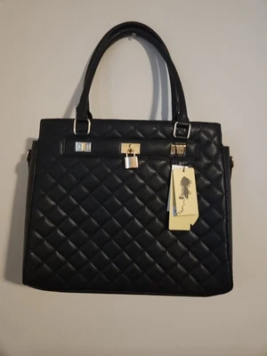 Quilted Black Structured Satchel Tote Handbag w/ Gold Turn-Lock (NWT) - Image 1 of 4