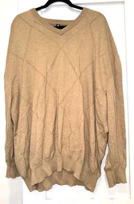 复古 Damon 棉钻石图案毛衣男式 4X 码骆驼米色 V 领 — 第 1/4 张图片