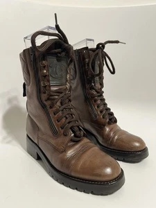 Vtg Chanel Brown Leather CC Logo Combat Boots 6.5US - Picture 1 of 16