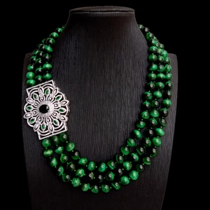 3 Strands Natural Green Tiger Eye Chunky Big Cz Pave PendantNecklace - Picture 1 of 4