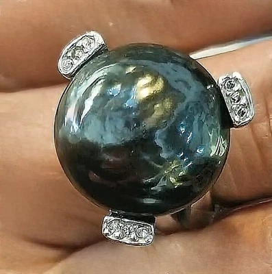 Anello Argento 925 con perla nera naturale e Zirconi. Regolabile. Cartellino. - Immagine 1 di 4
