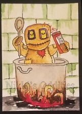 Aceo Original Watercolor Painting Voodoo Doll Pot Cooking Fire  Fantasy Nikki