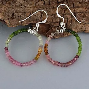 925 Silver Natural Watermelon Tourmaline Gemstone Ear Hook Earrings For Women - Picture 1 of 3