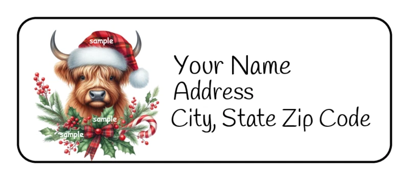 30 etiquetas de endereço de devolução personalizadas, Natal, Highland Cow, 2.625" x 1" etiquetas - Imagem 1 de 1