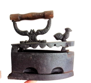 Rustic Charcoal Iron Wooden Handle Rooster Latch Coal Heated Pressing Iron 19thC - Picture 1 of 8
