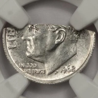1962 NGC MS65 50% Straight Clip 1.37 Gram Silver Dime Mint Error Extremely Rare - Image 1 of 4