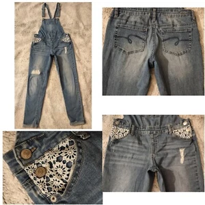 Justice Jeans Overalls Mid-rise Distressed Super Skinny Lace Blue Size 14 - Picture 1 of 24