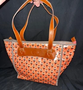 Fossil  Shopper Salmon Orange Owls Shoulder Tote Bag Coated Canvas Purse - Picture 1 of 6