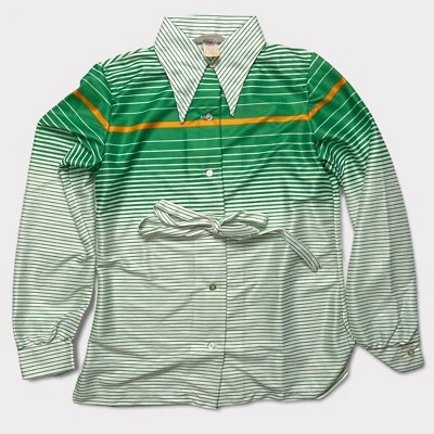 Vintage 60s Green Orange Striped Disco Blouse Top Size 10 - Image 1 of 4