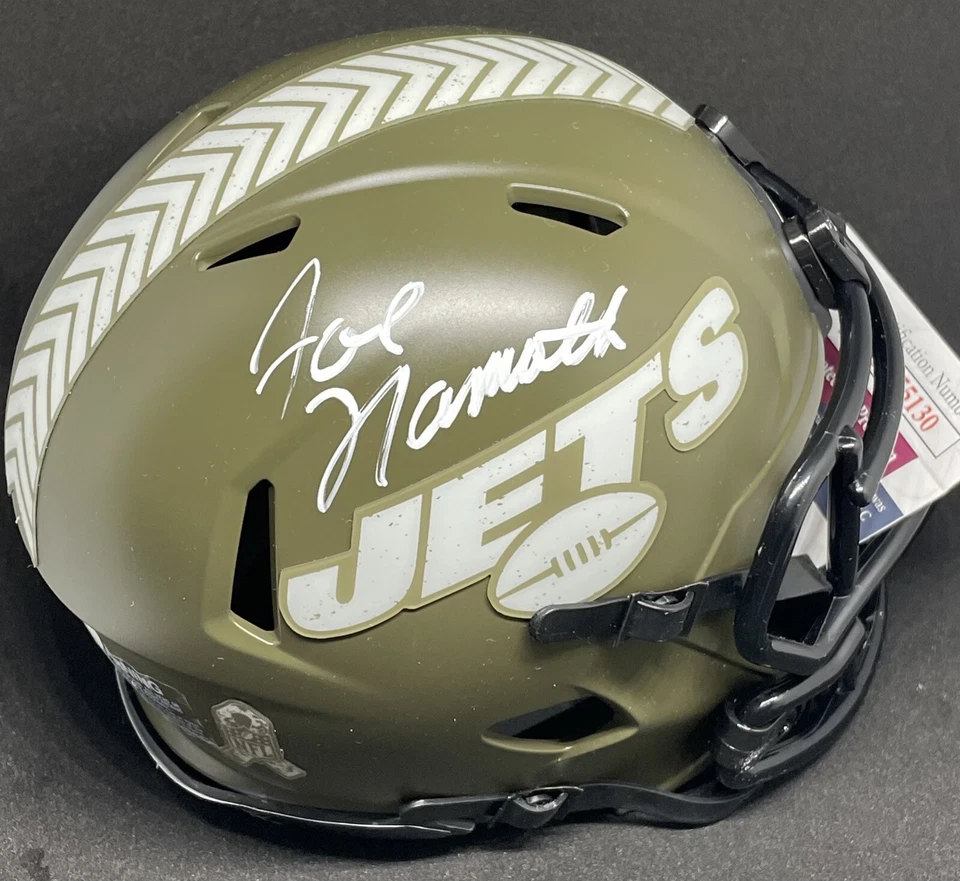 JOE NAMATH SIGNED NEW YORK JETS SALUTE TO SERVICE MINI HELMET JSA WA755130 - Image 1 of 1
