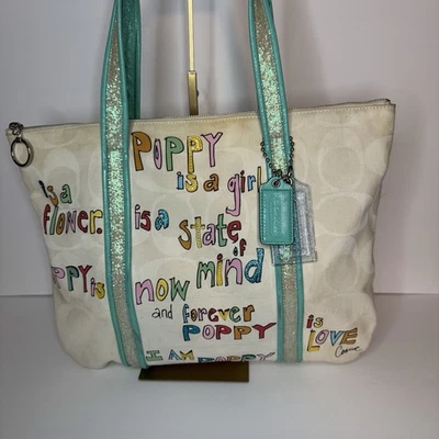 Coach Poppy Is A Girl Shoulder Tote Bag White Graffiti Glitter Accents 14986 - Image 1 of 4