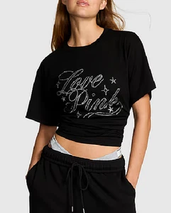 Victoria's Secret Pink Glitzer Strass LOVE PINK Campus SS T-Shirt schwarz XL - Bild 1 von 1