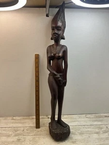 Vintage Hand Carved Hardwood African Female Tribal Figure Solid Wood 25” Tall - Picture 1 of 15