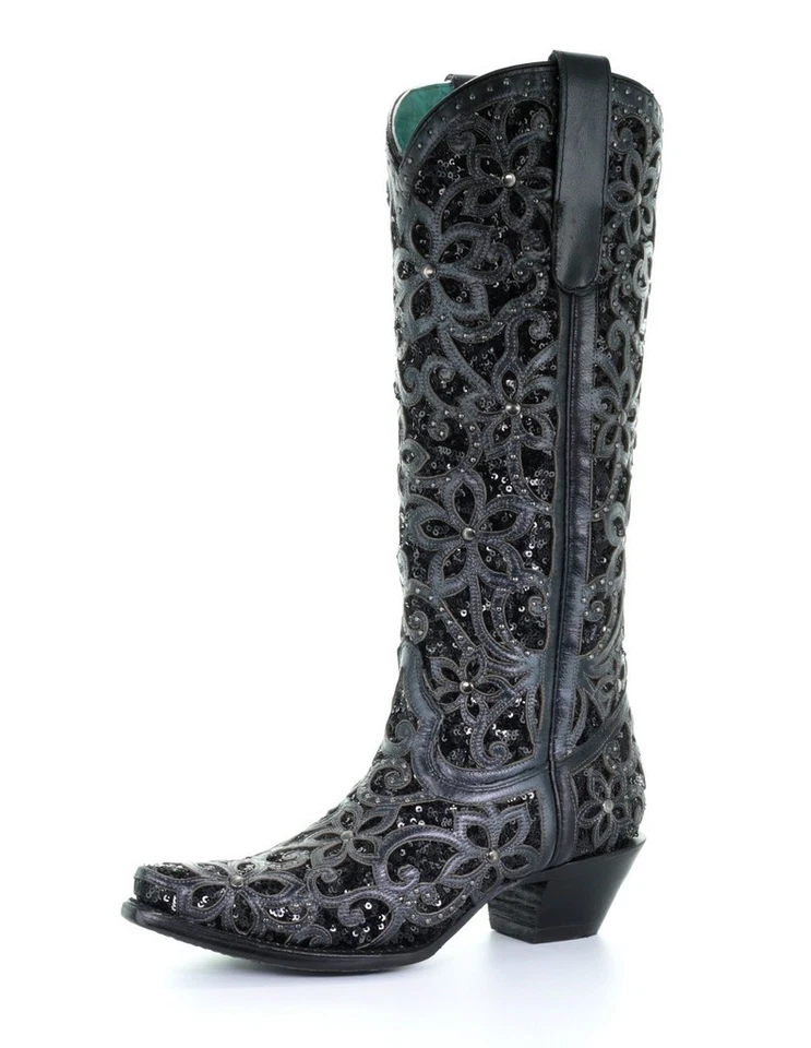 Botas Corral Western para mujer con incrustaciones florales tachuelas 9 M negras A3589 Foto 1 de 1
