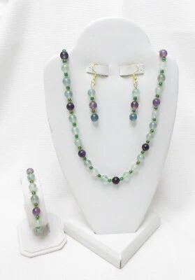 NUEVO-JUEGO DE JOYAS COLLAR, PULSERA Y PENDIENTES DE PIEDRA NATURAL FLUORITA COLORIDO Foto 1 de 2