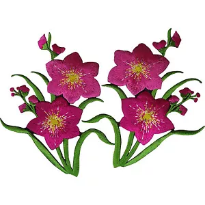 Pair of Pink Flower Patches Iron Sew On Flowers Embroidery Patch Badge Applique - Picture 1 of 2