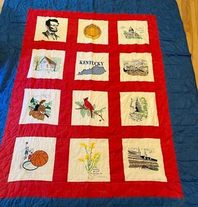 Vtg Hand Made The Kentuckian State of Kentucky Quilted Quilt Embroidered 93x76 - Picture 1 of 10