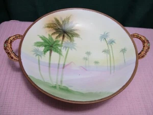 Nippon China Palm Tree Pedestal Bowl Beaded Handle. 8" - Picture 1 of 9