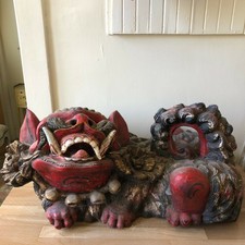 Large Carved Wood Chinese Foo Dog or Monster Statue