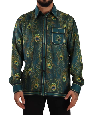 Camisa DOLCE & GABBANA Pijama de Seda Estampado de Plumas de Pavo Real para Hombres s. 40 / US15.75 / M Foto 1 de 4