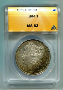 1891 MORGAN SILVER DOLLAR ANACS MS63 ATTRACTIVE TONING ORIGINAL PREMIUM QUALITY - Picture 1 of 4