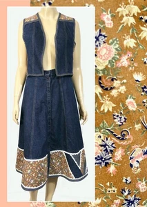 Vintage 70s Gunne Sax Skirt Vest Patchwork Calico Rooster Denim Jean M dress - Picture 1 of 12