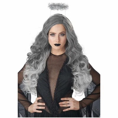 Peluca Disfraz Ángel Caído Diablo Negro Gris Largo Ondulado Adulto Mujer Foto 1 de 2