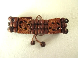 Brown Cuff Bracelet Wood Bead Acrylic Flower Disks Adjustable Slide Clasp 6.5-9" - Picture 1 of 4