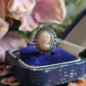 Vintage Cameo Ring | Carved Shell Cameo & Marcasite Halo | Sterling Silver - Picture 1 of 9