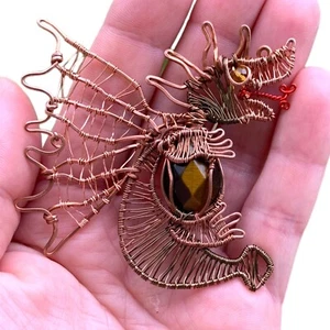 Cute Dragon Wire Wrap Tigers Eye Pendant Handcrafted Copper Fantasy Gift Jewelry - Picture 1 of 7