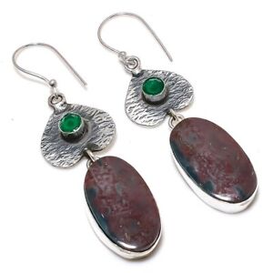 Bloodstone, Diopside Ethnic 925 Sterling Silver Jewelry Earring 2.64 " o208