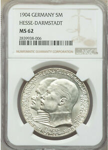 German States Hesse-Darmstadt 1904 5 Mark Coin Silver "Philipp" NGC MS 62 